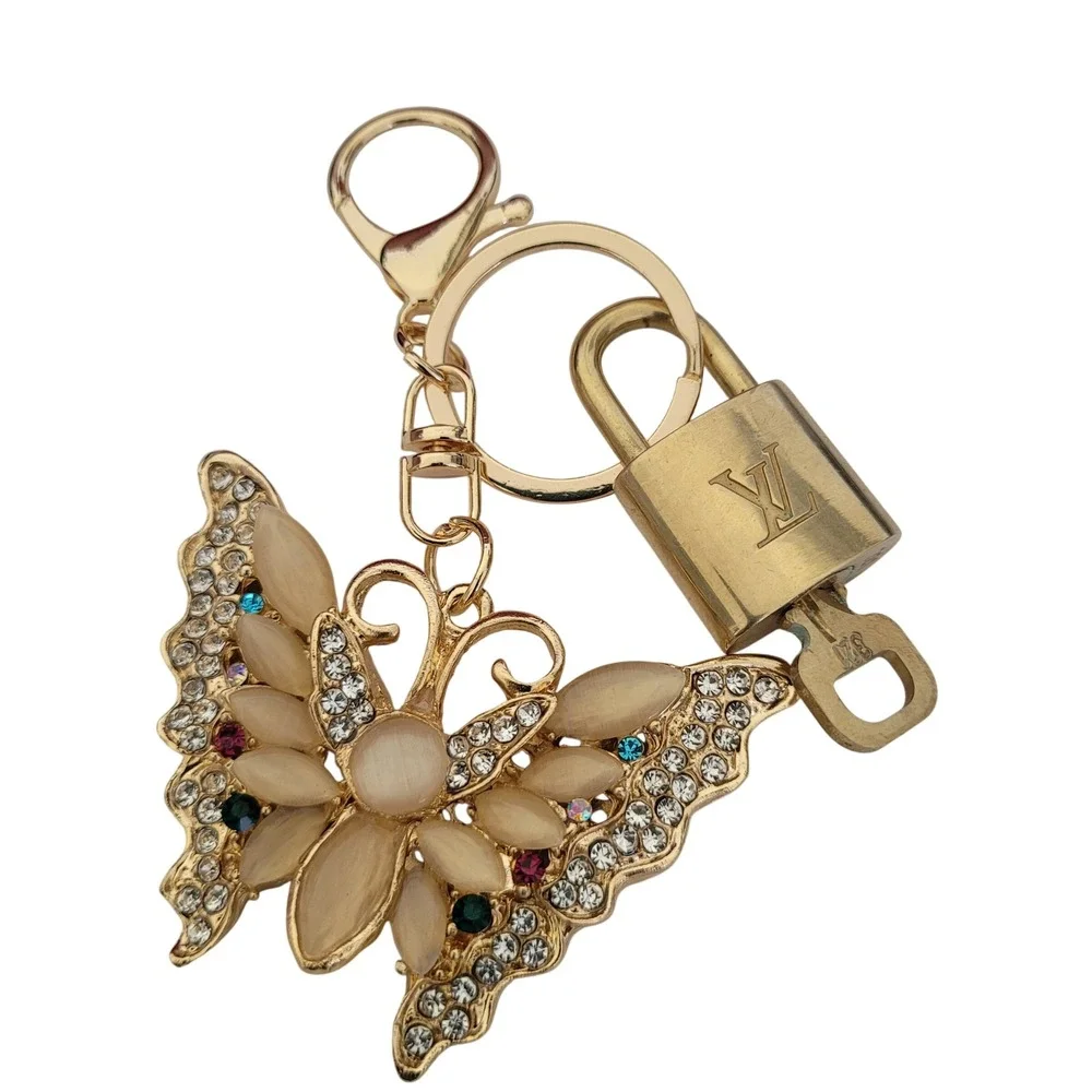 Louis Vuitton Padlock 321 & Jeweled Butterfly Bag Charm Gold Keychain Accessory